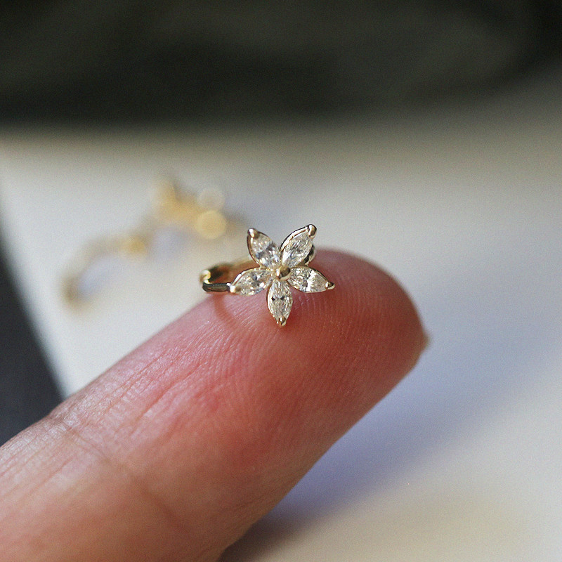 韩国纯10K14K金耳钉 精致闪亮小花朵水晶 K黄金耳环耳骨圈耳扣