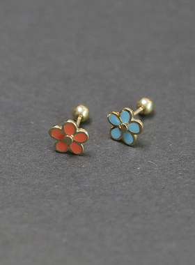 白小C首饰14K/10K金耳环 精致甜美蓝色小花朵拧螺丝耳骨耳钉