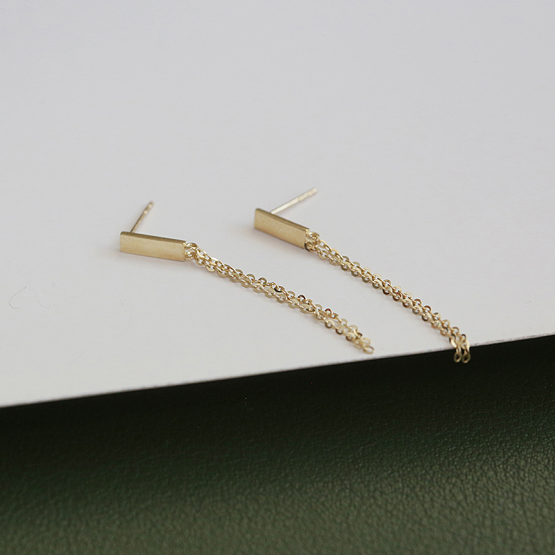 10K金耳饰光面方块链条吊坠耳钉