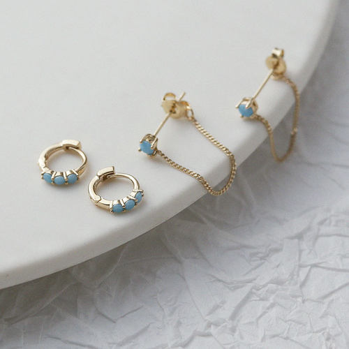 14K金黄金首饰蓝色天然石头耳环