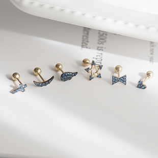 白小C黄金首饰10K金耳环蓝钻星星翅膀蝴蝶结爱心拧螺丝耳骨耳钉女