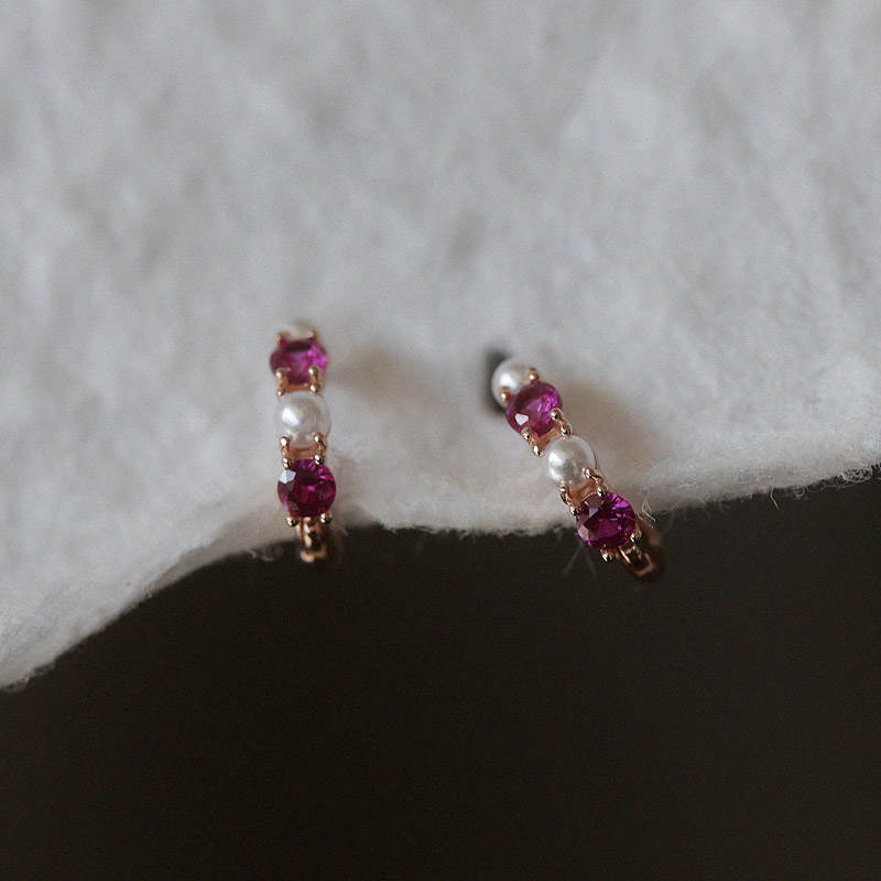 白小C韩国14k金镶嵌黄金耳环耳饰珍珠红宝石小锆钻迷你小耳骨耳圈