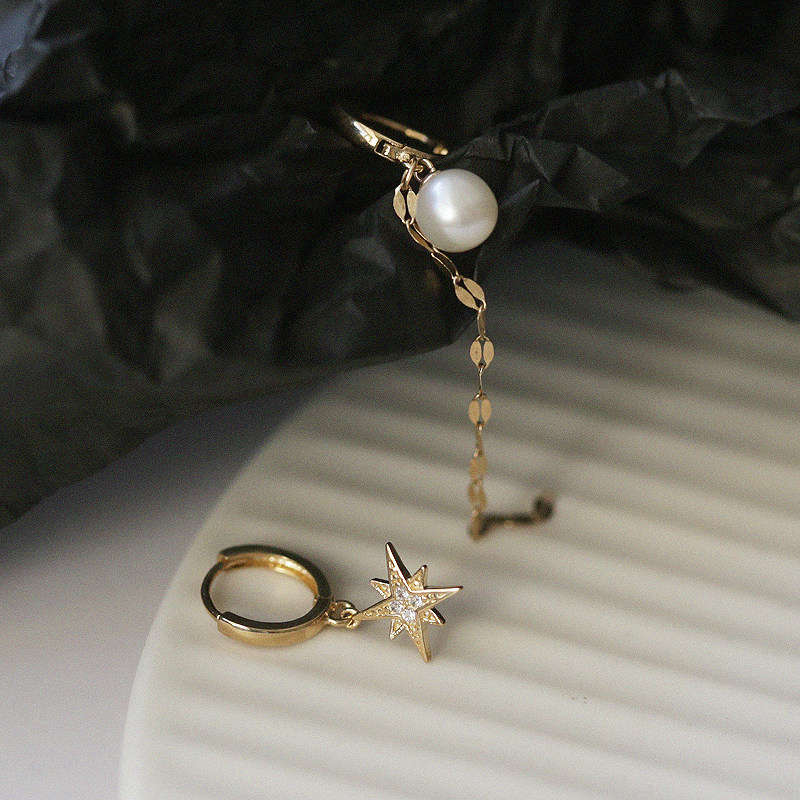 白小C韩国黄金纯14K/10K金耳环 珍珠镶钻六芒星链条吊坠耳扣耳坠