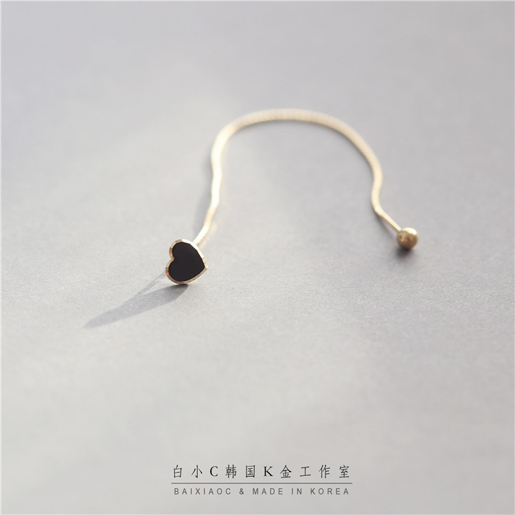 白小C 韩国进口K黄金14K/10K金耳环黑色心形桃心爱心螺丝耳钉耳线