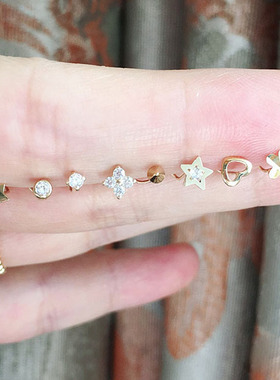 韩国进口纯10K14k金耳钉 单钻金球桃心五角星三角鼻钉黄金耳骨钉