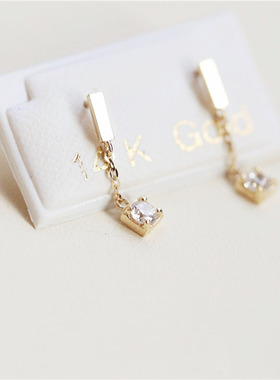 韩国进口黄金纯10K14K金耳环 一字方牌链条单钻水滴吊坠耳骨耳钉