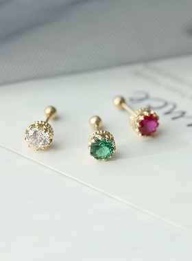 白小C 韩国进口黄金14K/10K金耳环 皇冠绿色圆钻耳骨拧螺丝耳钉