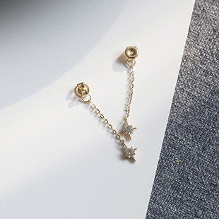 白小C纯金黄金首饰14K10K金耳环耳饰 链条小钻六芒星吊坠耳线耳堵
