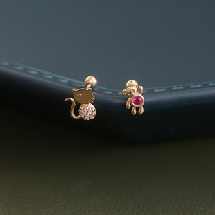 白小C黄金首饰纯10K金耳环耳饰 可爱潮猫咪小熊螺丝拧扣耳骨耳钉