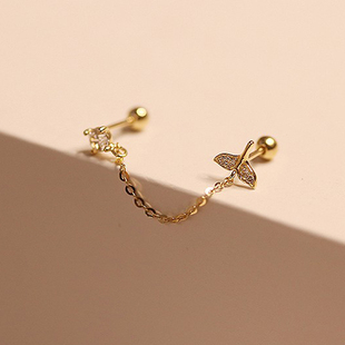 白小C韩国14K10K金黄金耳环 鱼尾链条小钻拧螺丝耳钉耳饰双洞耳骨