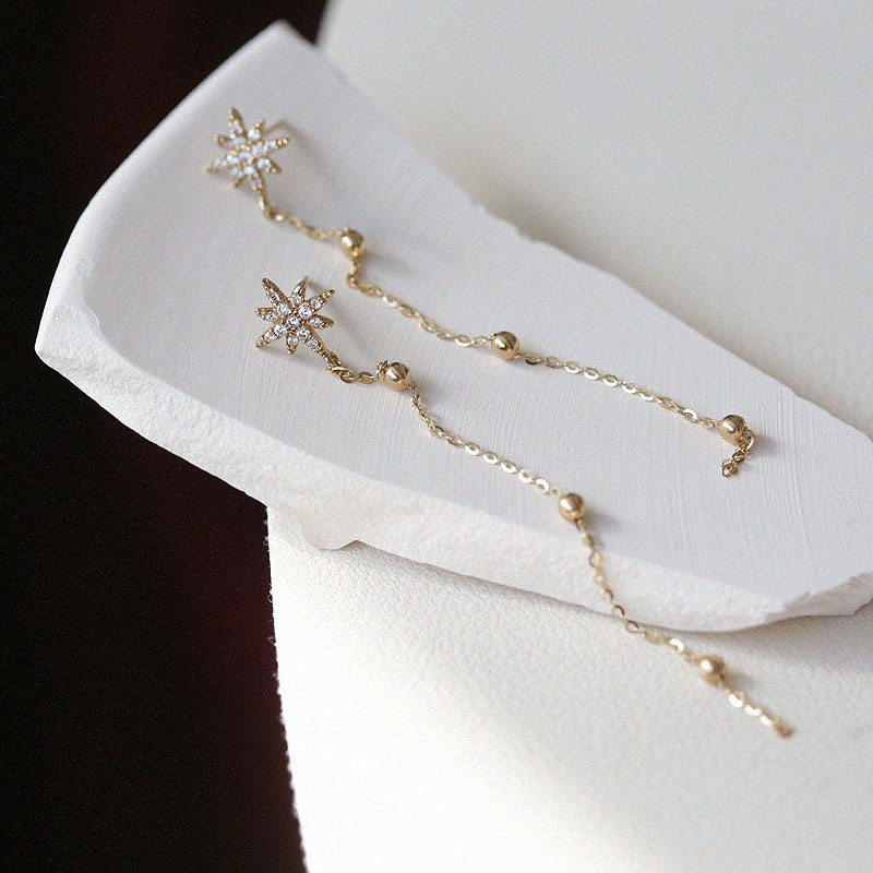 韩国10K14K金黄金首饰 满钻星星六芒星长线流苏金球吊坠耳饰耳钉