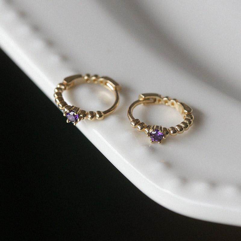 白小C韩国10k金镶嵌黄金耳环耳饰精致迷你紫色小锆钻豆豆圈耳圈女