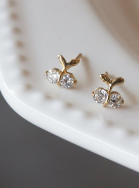 韩国10K14K金黄金首饰 镶钻带叶小樱桃耳饰耳钉