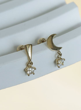 韩国10K14K金黄金首饰 三角月亮镶钻吊坠耳骨钉拧螺丝耳钉
