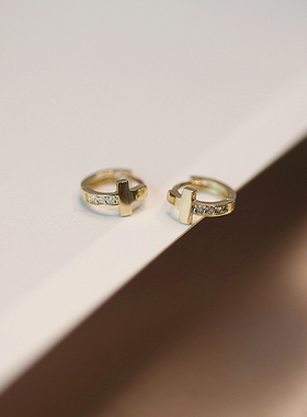 白小C韩国进口黄金14K10K金耳环 拼接满钻小十字架耳骨耳扣耳圈