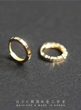 韩国进口纯10K14K金耳环 多切面立体质感素金方边 K黄金耳扣耳圈