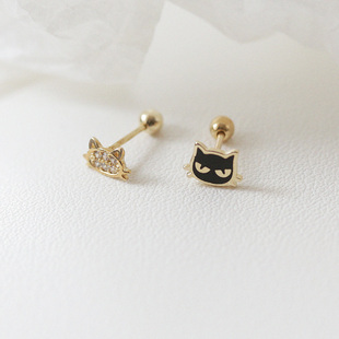 白小C 森林童趣 14K/10K金耳环黄金首饰小黑猫镶钻猫咪拧螺丝耳钉