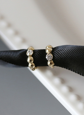 韩国黄金10K14K金耳环精致半圆金球单钻小耳骨耳扣耳圈睡觉不用摘