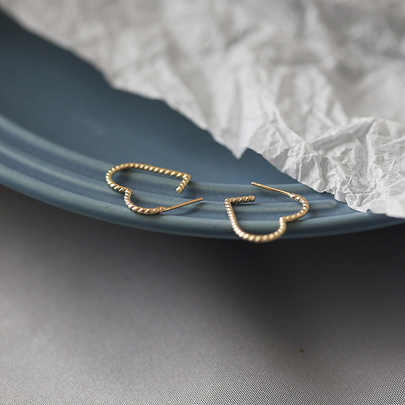 白小c 韩国进口k黄金14k/10k金耳环 拧麻花心形桃心爱心耳坠耳钉