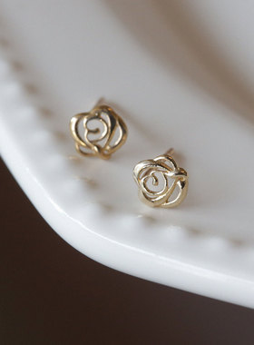 韩国10K14K金黄金首饰 光面镂空玫瑰花素金耳饰耳钉