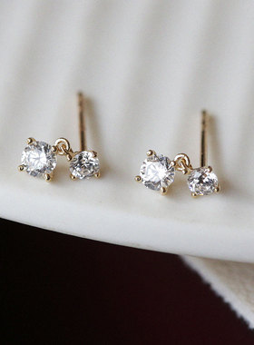 韩国进口纯10k14K金耳环 亮钻闪石吊坠双钻耳骨小小迷你单钻耳钉