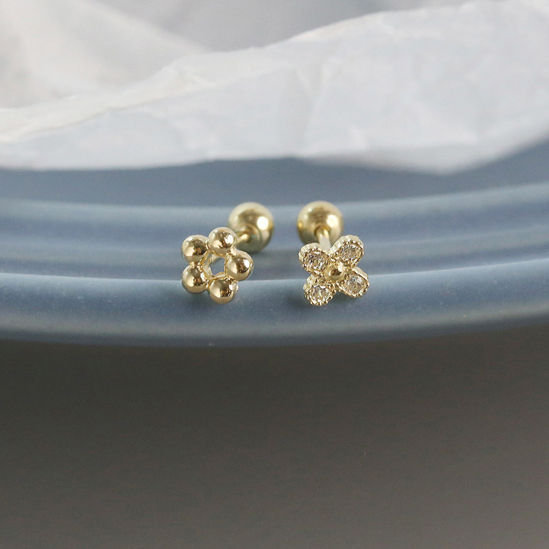 白小C 韩国黄金首饰14K金耳环耳饰 花朵螺丝拧扣耳骨耳钉睡觉免摘