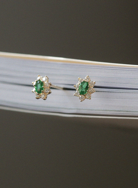 白小C黄金首饰14K金10K金耳环 复古绿色锆石闪钻椭圆花型小耳钉