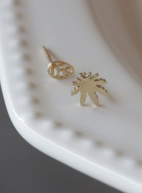 韩国10K14K金黄金首饰 不规则大小树叶耳饰耳钉