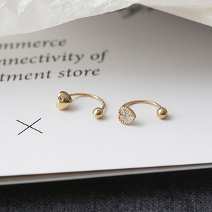 白小C韩国黄金首饰10K金耳环耳饰 钻心形爱心U型两带螺丝拧球耳钉