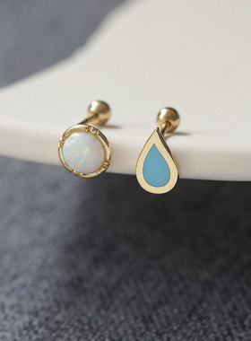 白小C黄金首饰14K金10K金耳环耳饰 素金蓝色水滴蛋白石圆形耳钉