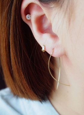 韩国进口纯14K/10K金耳环 流苏弧形小金棍长线耳钉 黄金耳链耳线