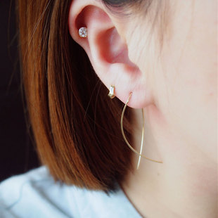 韩国进口纯14K/10K金耳环 流苏弧形小金棍长线耳钉 黄金耳链耳线