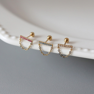 白小C韩国黄金首饰10K金耳环耳饰一排小钻链条吊坠耳骨拧螺丝耳钉