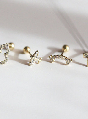 白小C 韩国黄金14K/10K金耳环 满钻小飞机笑脸字母葫芦拧螺丝耳钉