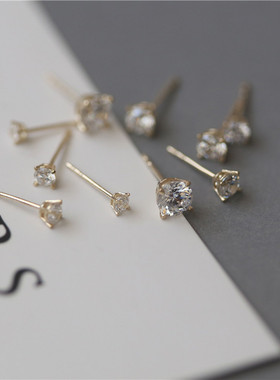 韩国纯10K14K金耳环 简单立体小锆钻四爪单钻黄金耳骨钉纯金耳钉