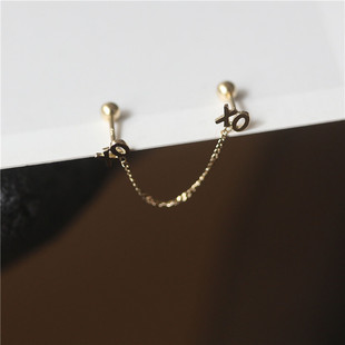 白小C 韩国进口黄金14K金耳环 迷你小字母双洞耳链耳骨拧螺丝耳钉