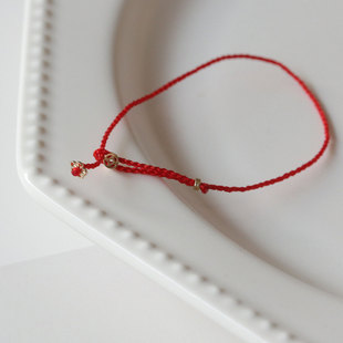 韩国进口纯14K金首饰 小小颗超精致五瓣花花朵红绳手链