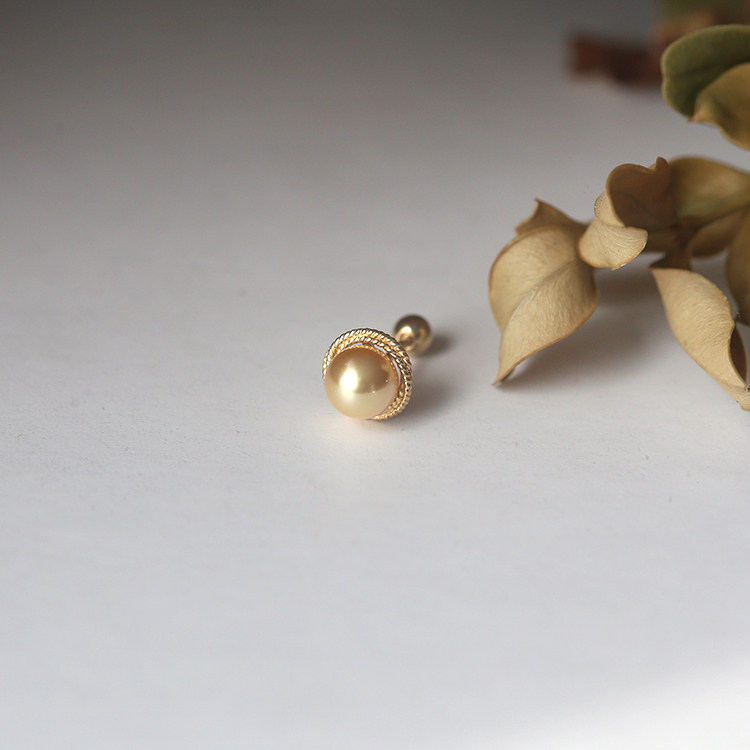 白小c 韩国进口黄金14k/10k金耳环 麻花金边金色珍珠拧螺丝耳钉