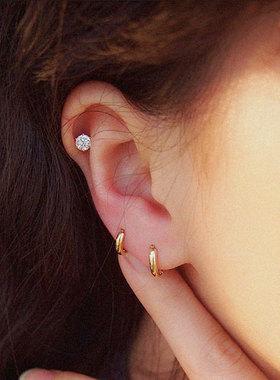 日常款纯10K14K金耳环光面素圈光圈耳环粗款加厚黄金耳扣耳骨耳圈