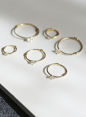 白小C黄金纯金首饰10K14K金耳环简单百搭四爪小钻素圈耳骨耳扣女