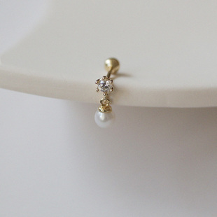 纯金10K14K金黄金耳环六爪锆钻吊坠星星天然珍珠拧螺丝扣耳骨耳钉