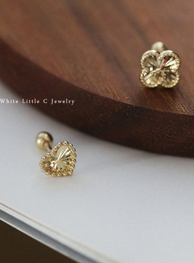 白小C黄金首饰14K/10K金耳环耳饰素金雕花质感花朵桃心拧螺丝耳钉