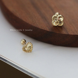 白小C黄金首饰14K/10K金耳环耳饰素金雕花质感花朵桃心拧螺丝耳钉