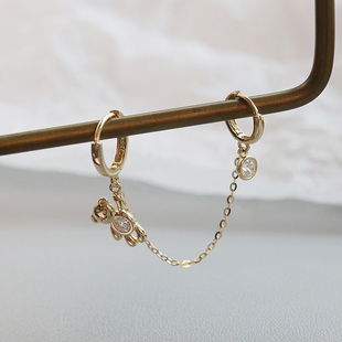 白小C 韩国进口黄金14K/10K金耳环 萌系镶钻小熊水滴双洞耳链耳钉