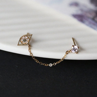 白小C韩国10K14K金黄金首饰 镶钻眼睛眼球单钻链条双洞耳骨耳钉