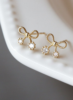 韩国10K14K金黄金首饰 镶钻镂空蝴蝶结耳饰耳钉