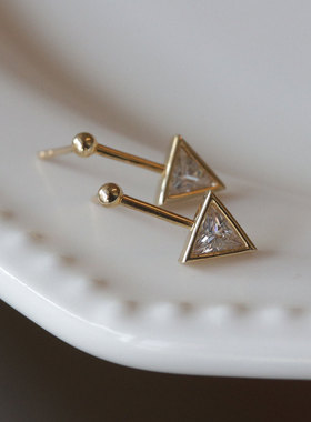 韩国10K14K金黄金首饰 垂直三角圆形镶钻耳饰耳钉