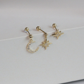 白小C 韩国进口黄金纯14K10K金耳环满钻星星六芒星耳骨螺丝耳钉