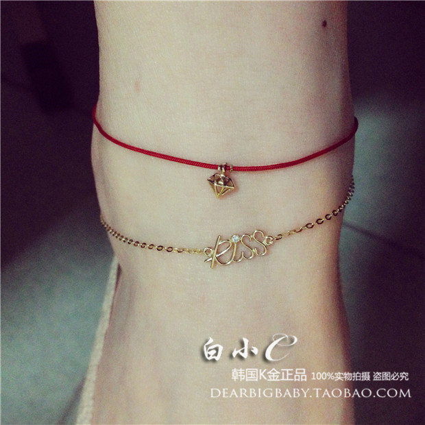 进口字母钻石纯金双层红绳手链