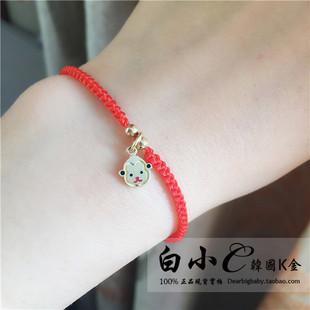白小C直播 纯14K金黄金小猴子吊坠金珠红绳手链 儿童生肖生日礼物